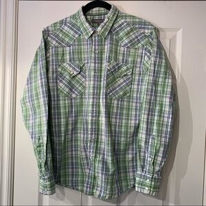 Fossil Brand men's long sleeve button down casual shirt Green Blue White Plaid L